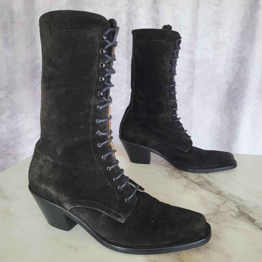 Joan David Tall Lace Up Black Suede Western Boots Womens Size 38 Square Toe